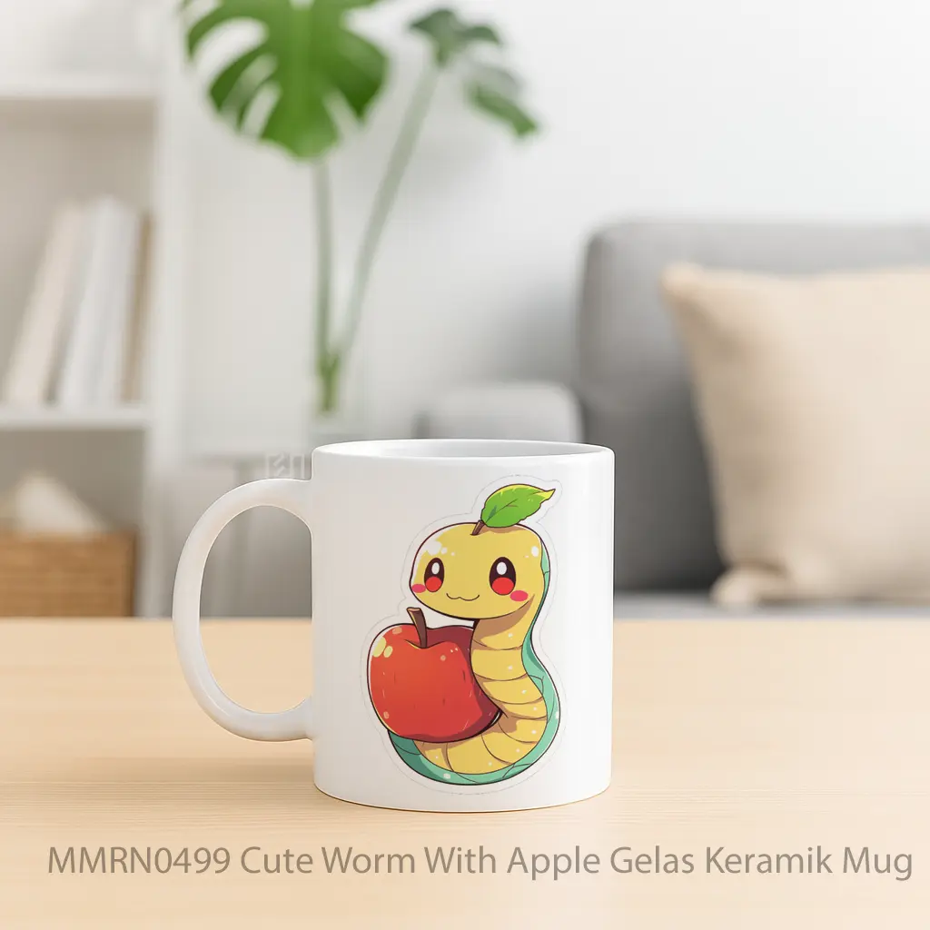 Cute Worm With Apple Gelas Keramik Mug - Sudut 2