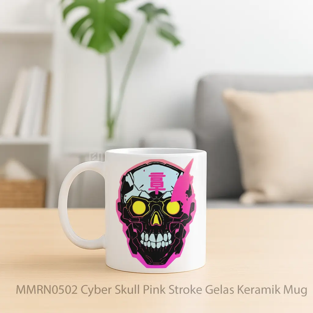 Cyber Skull Pink Stroke Gelas Keramik Mug - Sudut 2