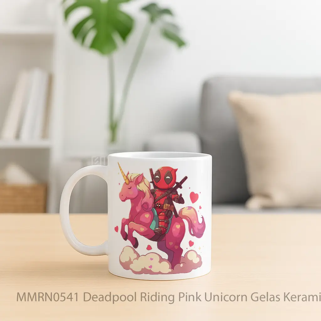 Deadpool Riding Pink Unicorn Gelas Keramik Mug - Sudut 2