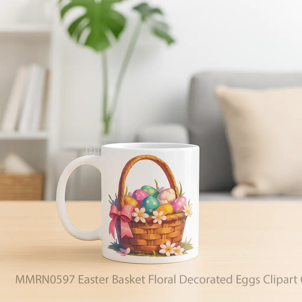 Easter Basket Floral Decorated Eggs Clipart Gelas Keramik Mug - Sudut 2