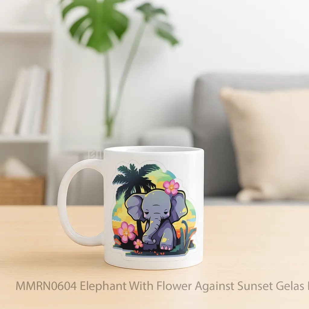 Elephant With Flower Against Sunset Gelas Keramik Mug - Sudut 2