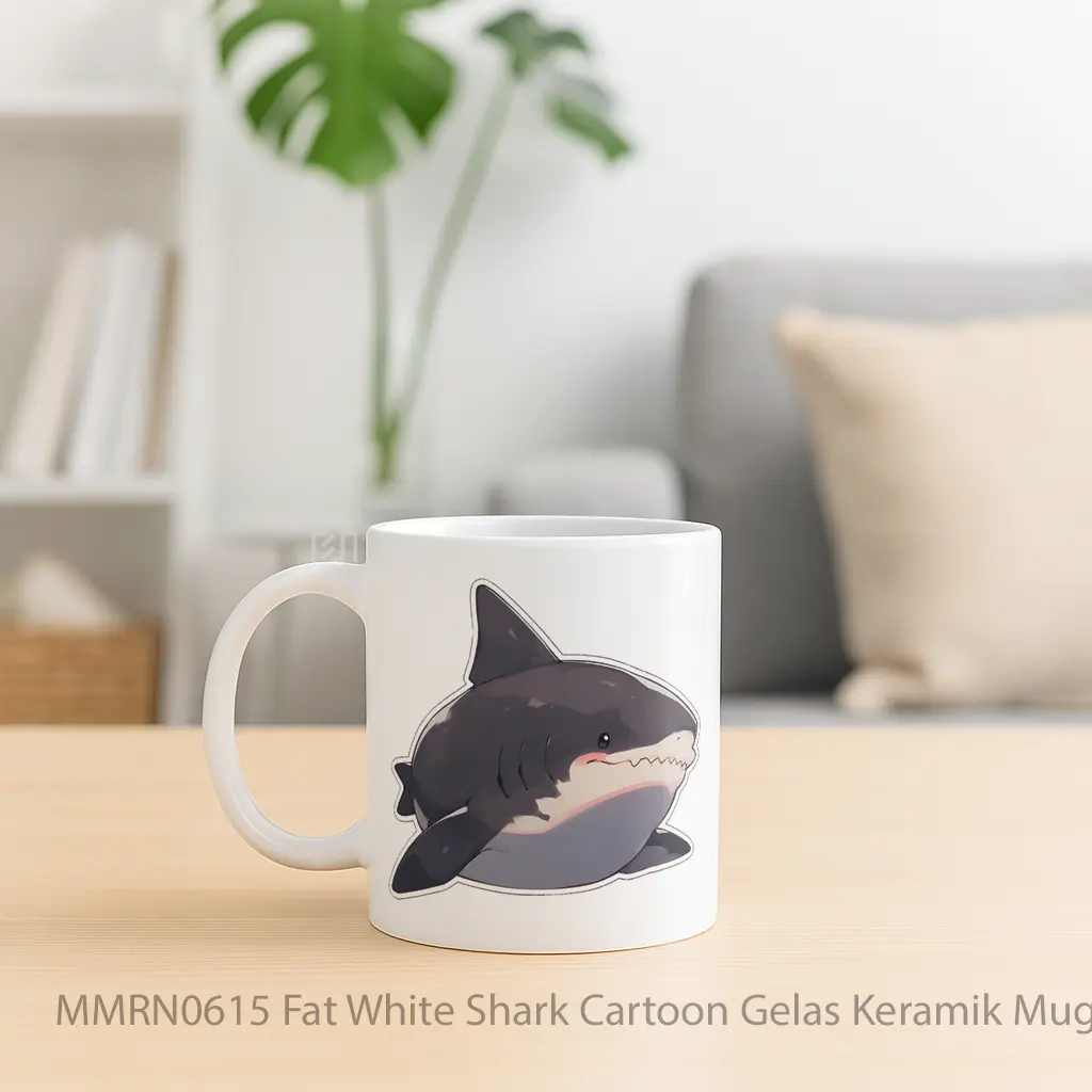 Fat White Shark Cartoon Gelas Keramik Mug - Sudut 2