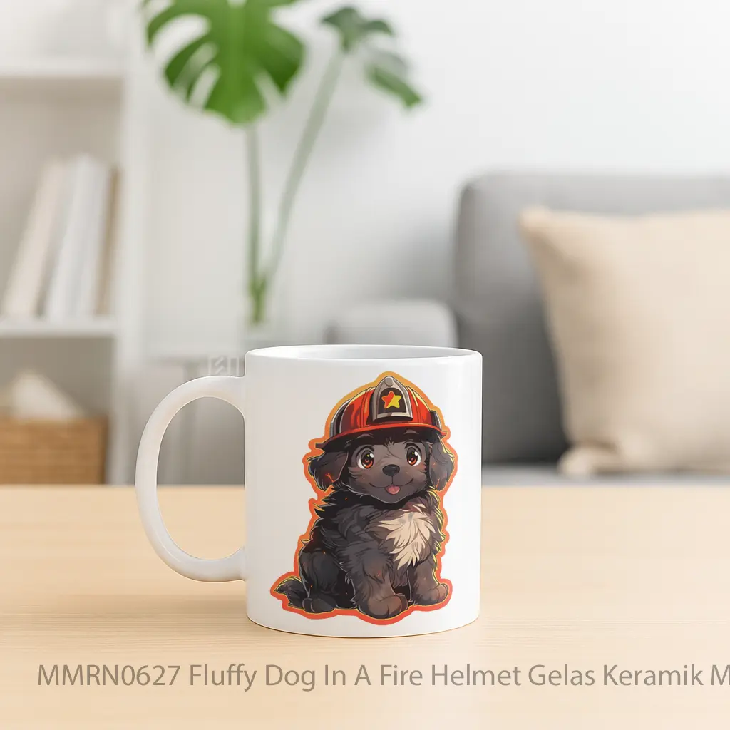 Fluffy Dog In A Fire Helmet Gelas Keramik Mug - Sudut 2