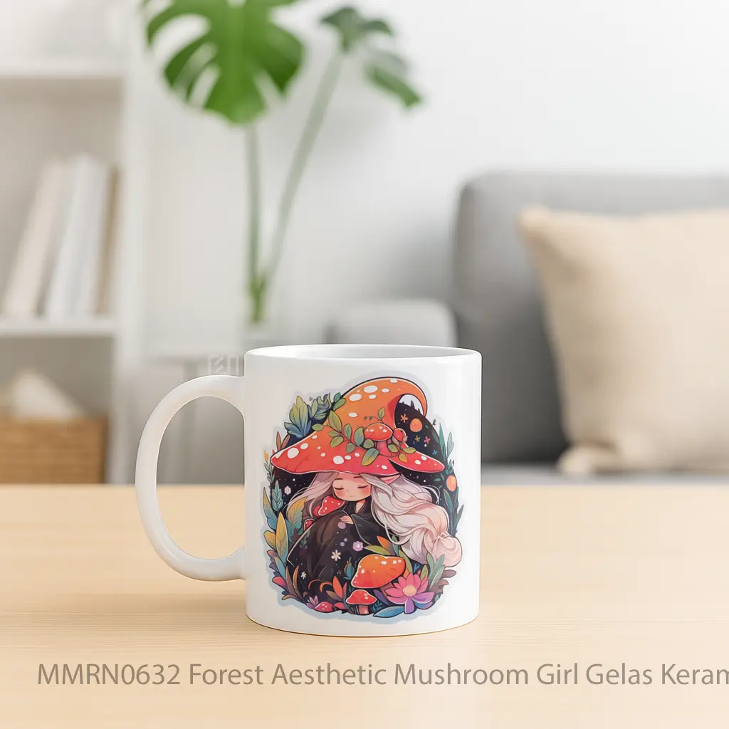 Forest Aesthetic Mushroom Girl Gelas Keramik Mug - Sudut 2