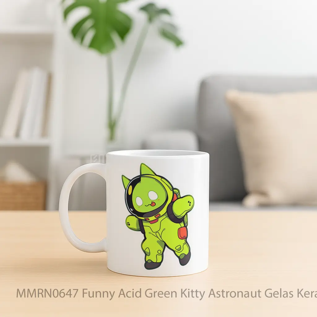 Funny Acid Green Kitty Astronaut Gelas Keramik Mug - Sudut 2