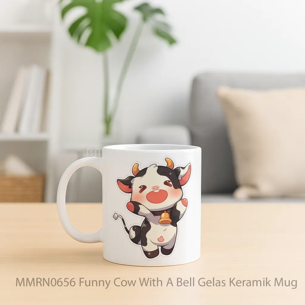 Funny Cow With A Bell Gelas Keramik Mug - Sudut 2