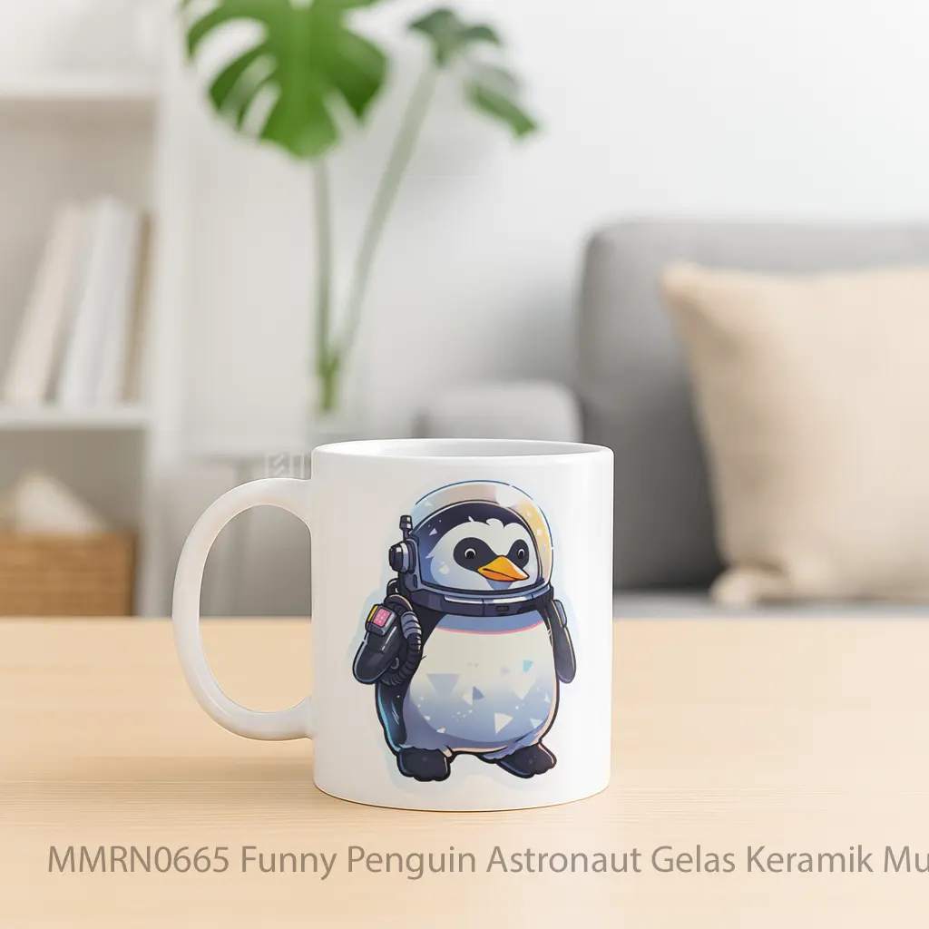 Funny Penguin Astronaut Gelas Keramik Mug - Sudut 2