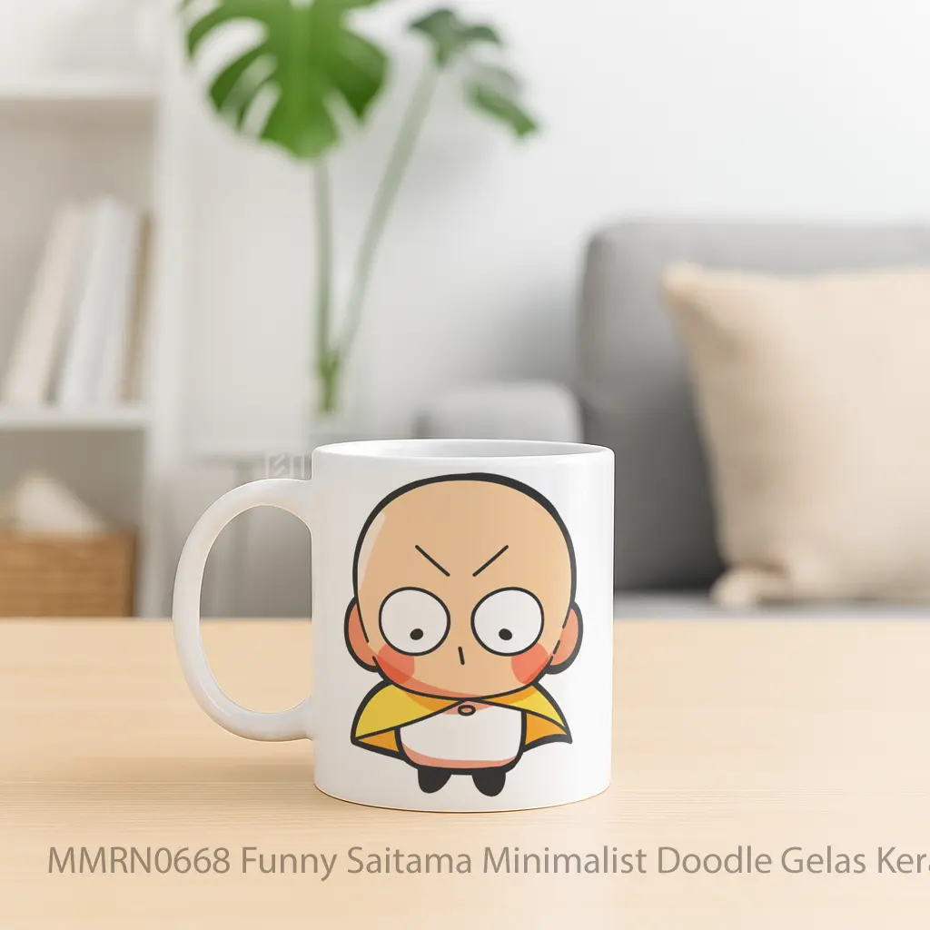 Funny Saitama Minimalist Doodle Gelas Keramik Mug - Sudut 2