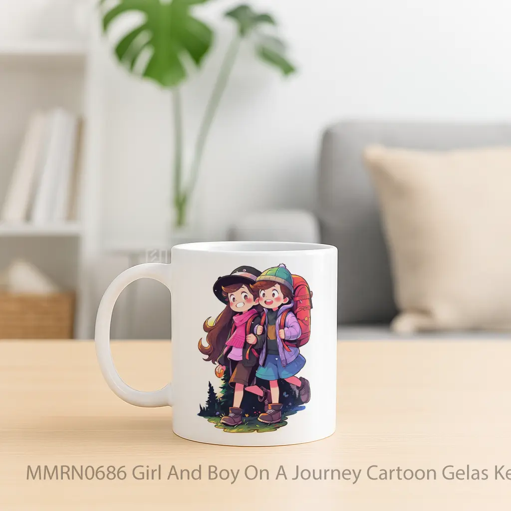 Girl And Boy On A Journey Cartoon Gelas Keramik Mug - Sudut 2