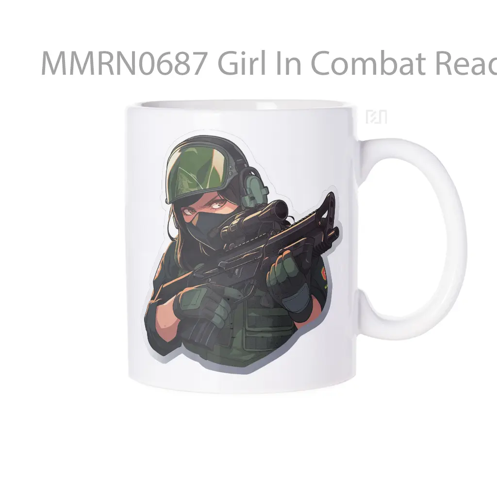 Girl In Combat Readiness With Weapon Gelas Keramik Mug
