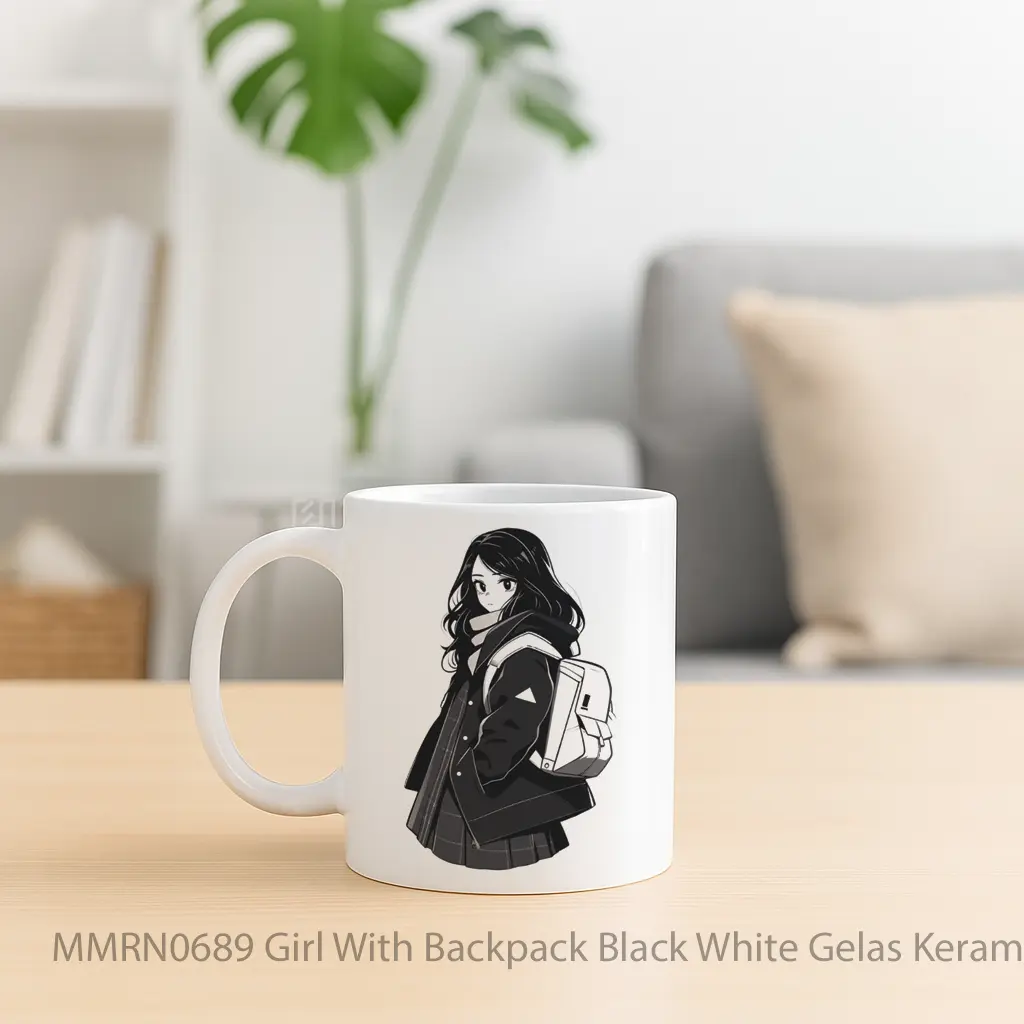 Girl With Backpack Black White Gelas Keramik Mug - Sudut 2