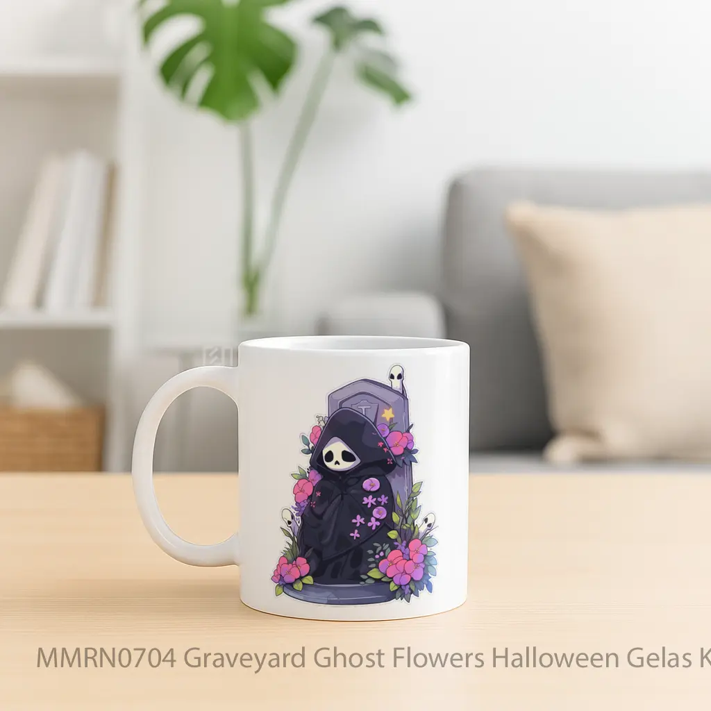 Graveyard Ghost Flowers Halloween Gelas Keramik Mug - Sudut 2