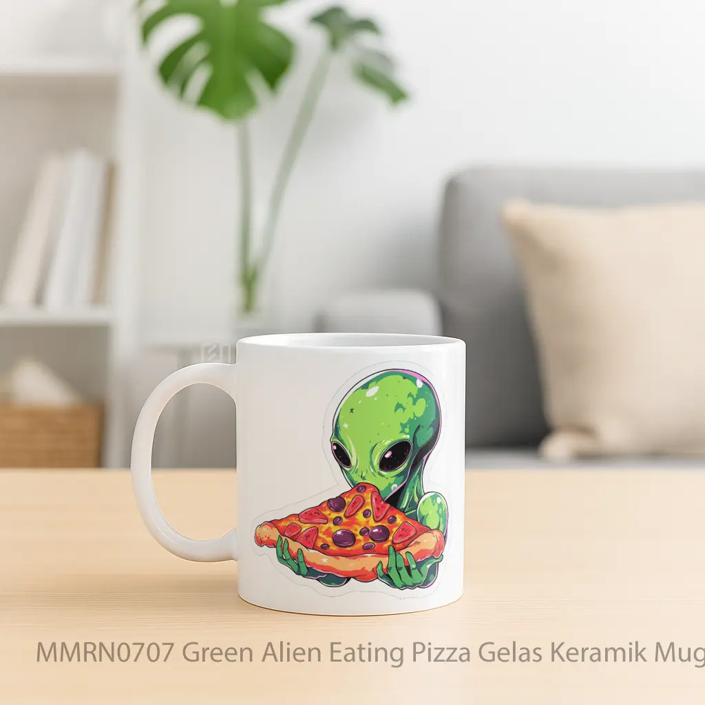 Green Alien Eating Pizza Gelas Keramik Mug - Sudut 2