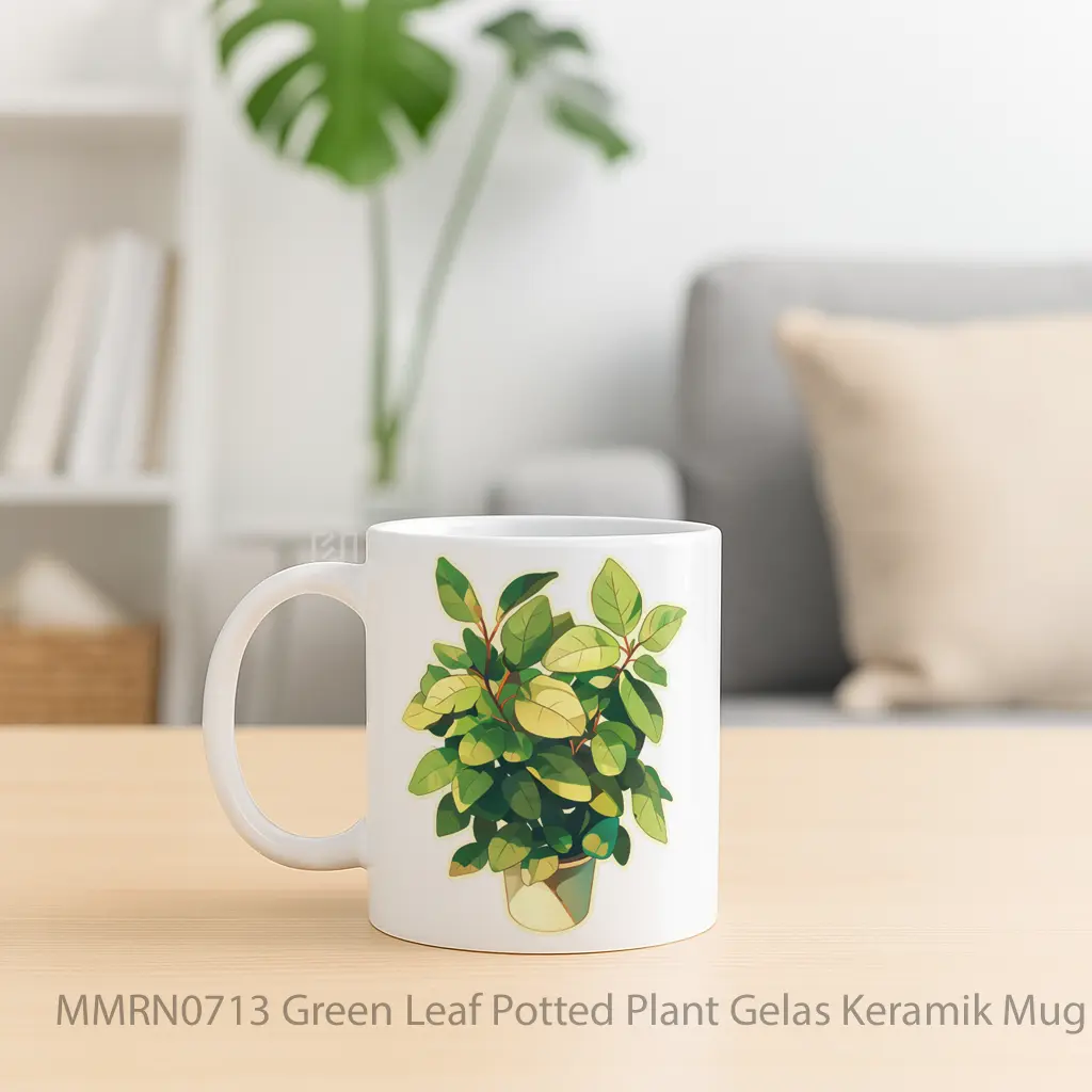 Green Leaf Potted Plant Gelas Keramik Mug - Sudut 2