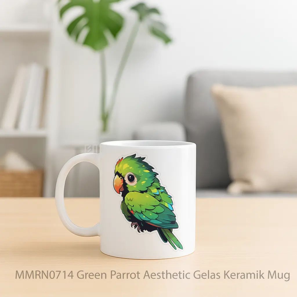 Green Parrot Aesthetic Gelas Keramik Mug - Sudut 2