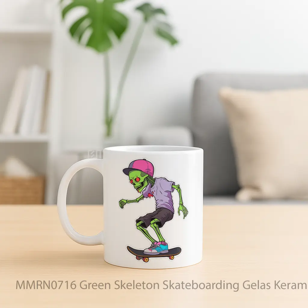 Green Skeleton Skateboarding Gelas Keramik Mug - Sudut 2