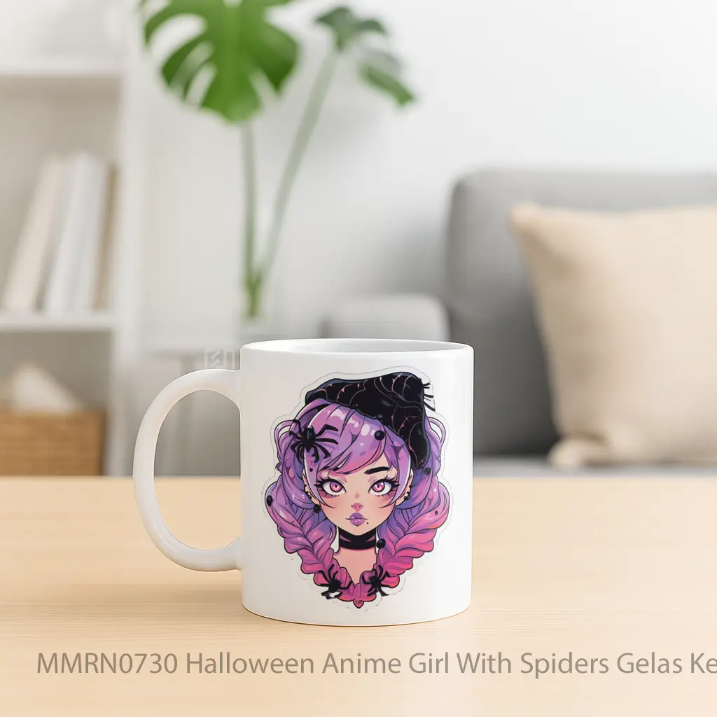 Halloween Anime Girl With Spiders Gelas Keramik Mug - Sudut 2