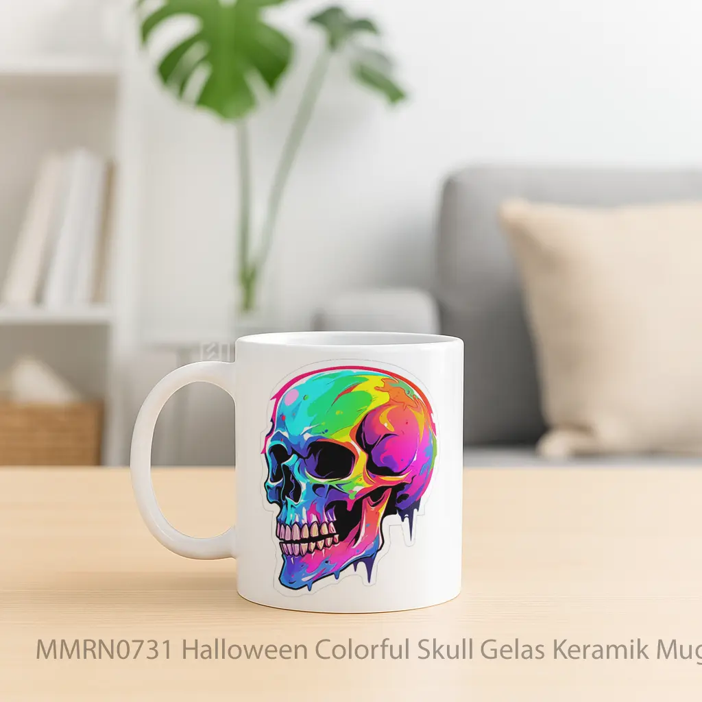 Halloween Colorful Skull Gelas Keramik Mug - Sudut 2