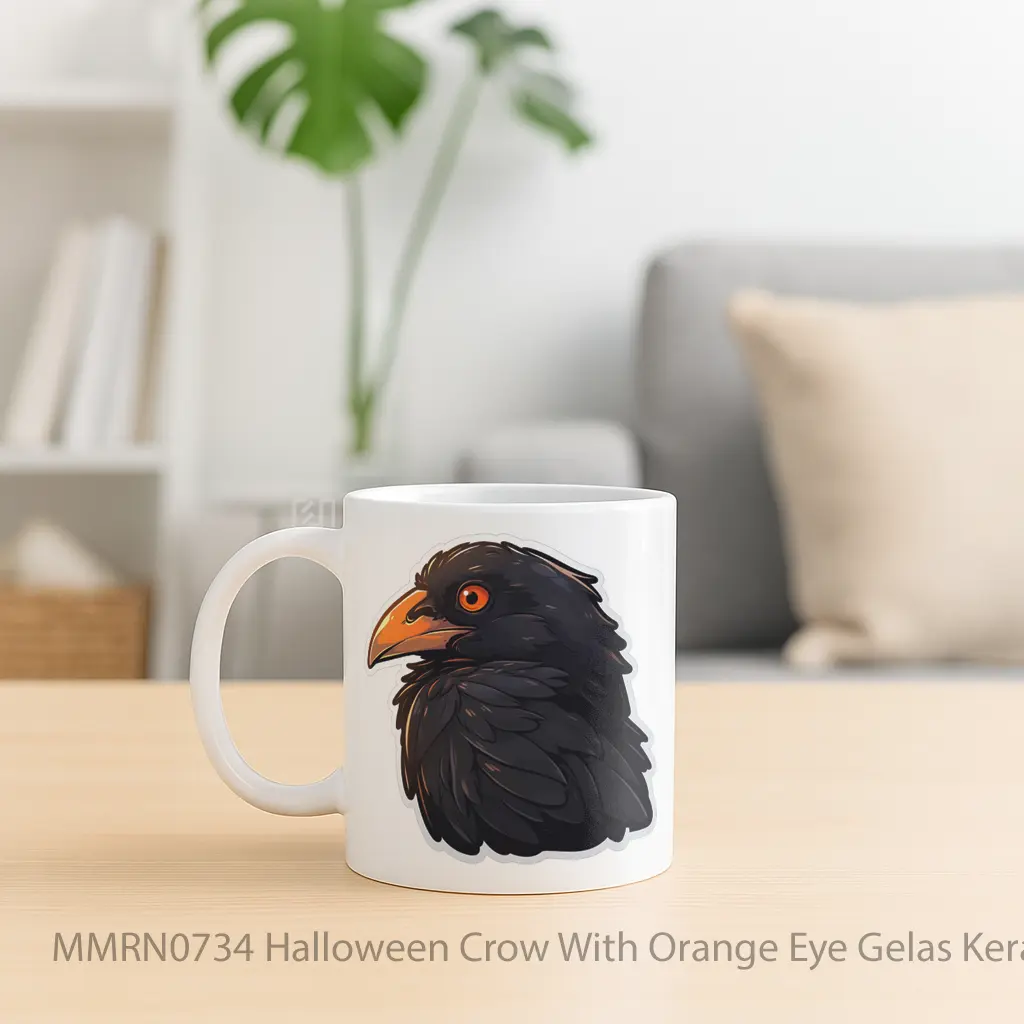 Halloween Crow With Orange Eye Gelas Keramik Mug - Sudut 2