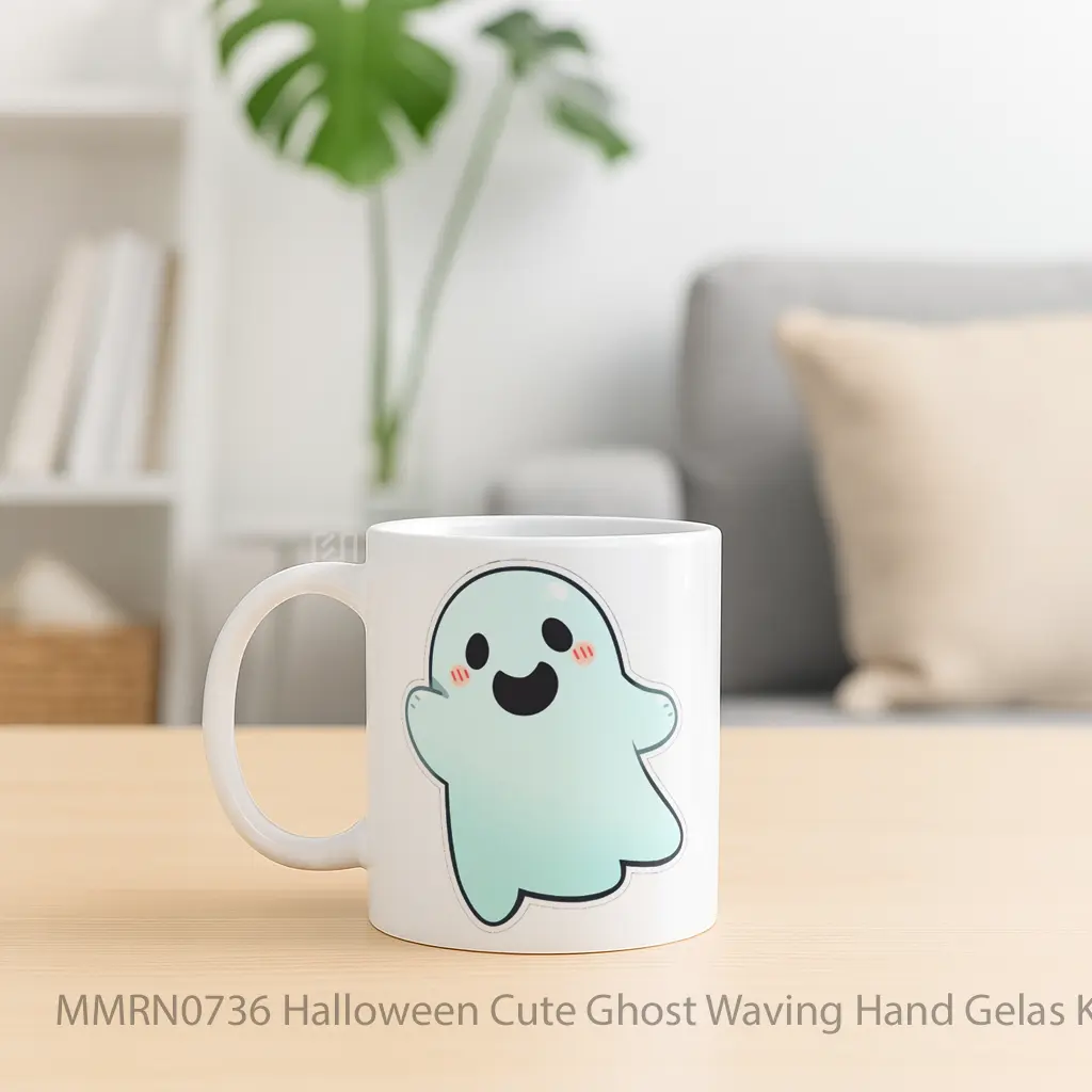Halloween Cute Ghost Waving Hand Gelas Keramik Mug - Sudut 2