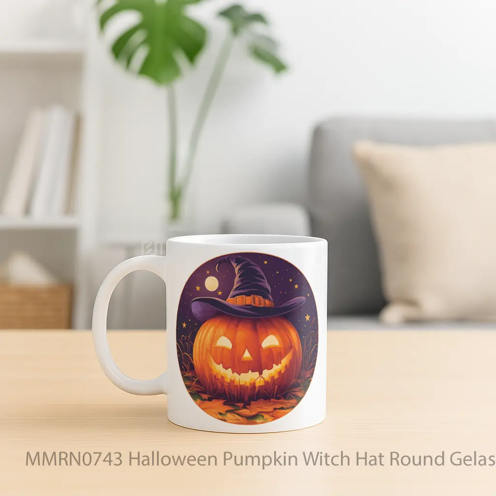 Halloween Pumpkin Witch Hat Round Gelas Keramik Mug - Sudut 2