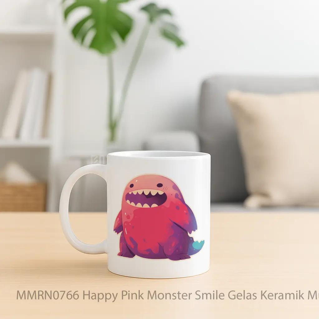 Happy Pink Monster Smile Gelas Keramik Mug - Sudut 2