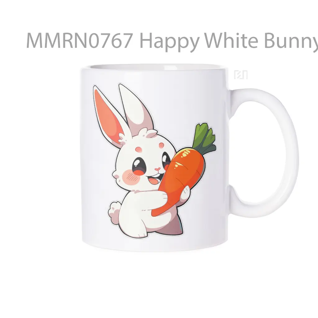 Happy White Bunny With Carrot Gelas Keramik Mug