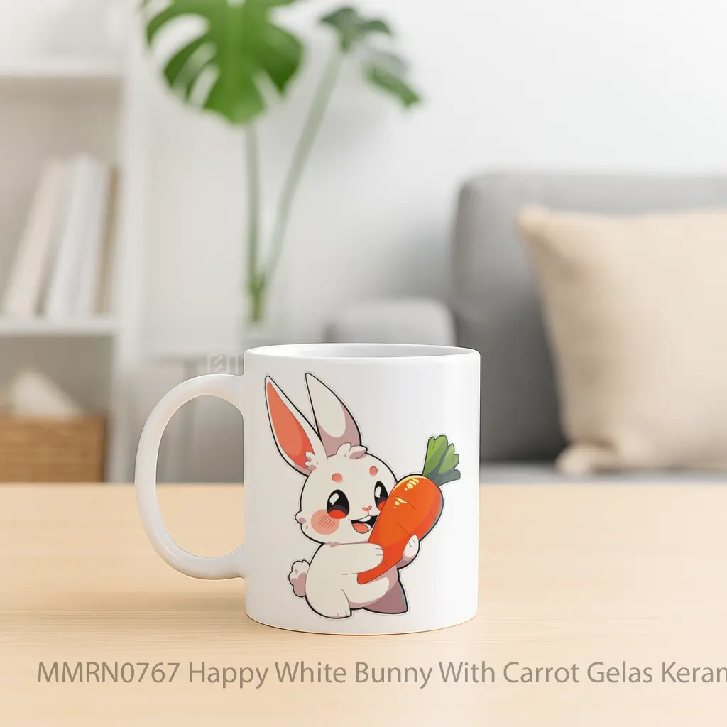 Happy White Bunny With Carrot Gelas Keramik Mug - Sudut 2