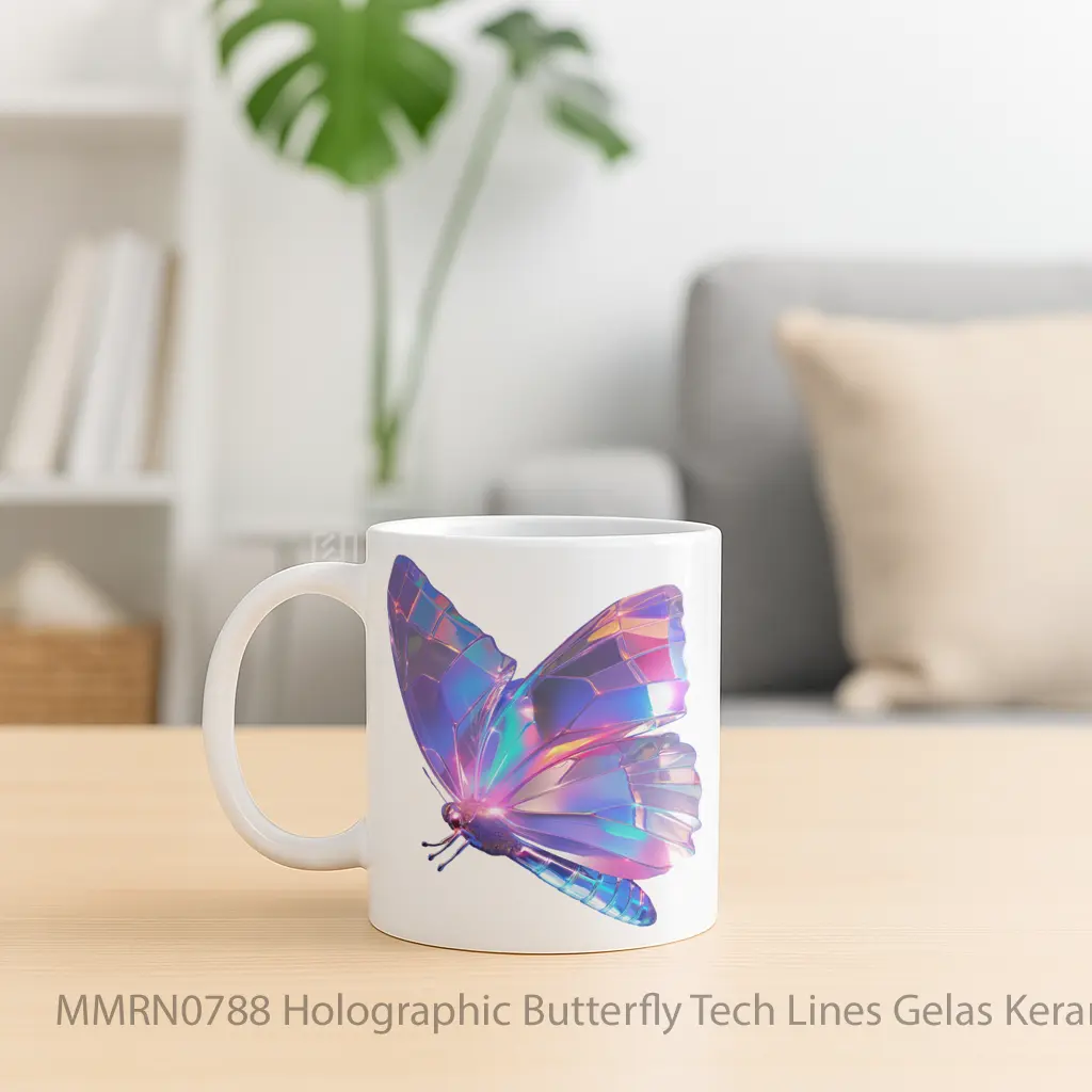 Holographic Butterfly Tech Lines Gelas Keramik Mug - Sudut 2