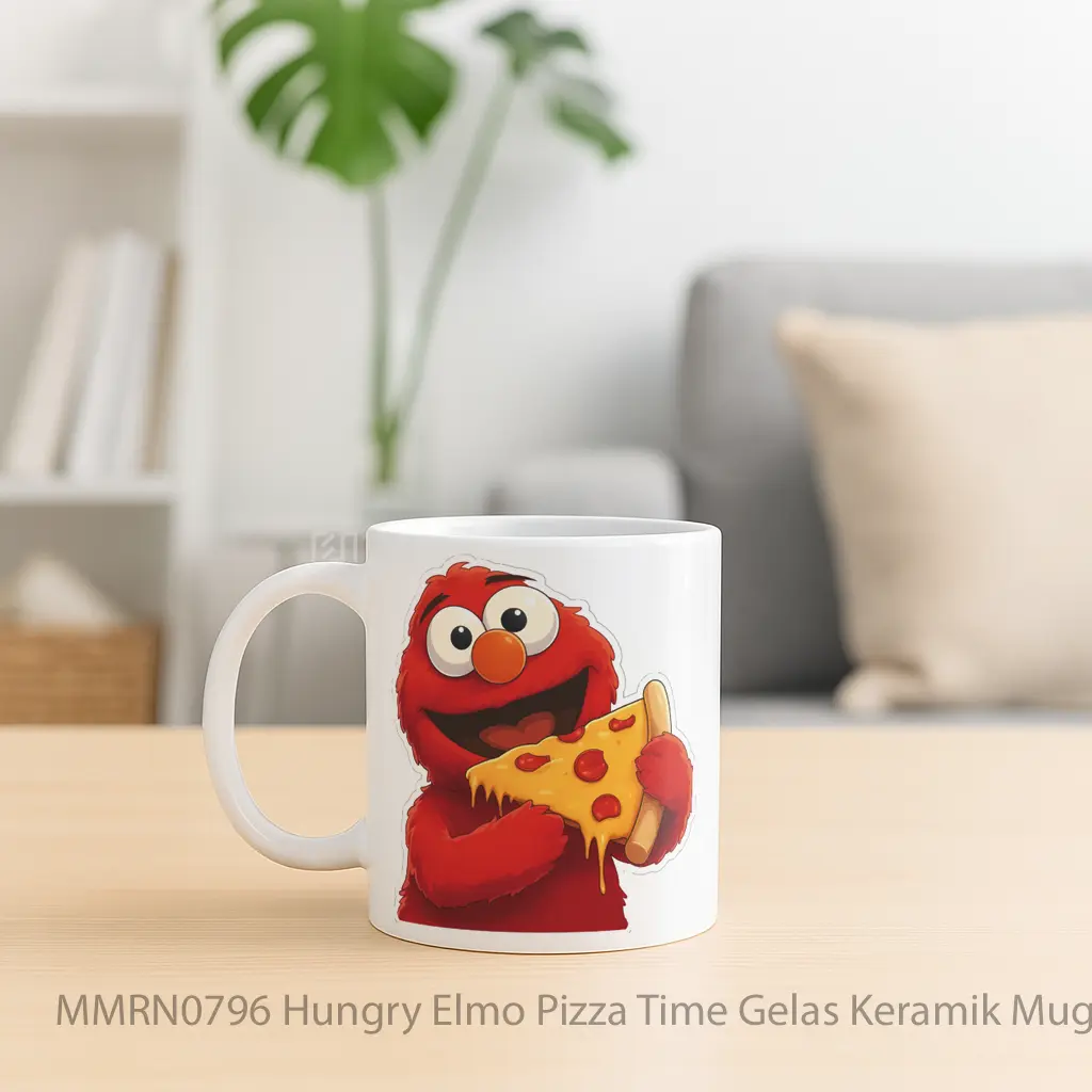 Hungry Elmo Pizza Time Gelas Keramik Mug - Sudut 2