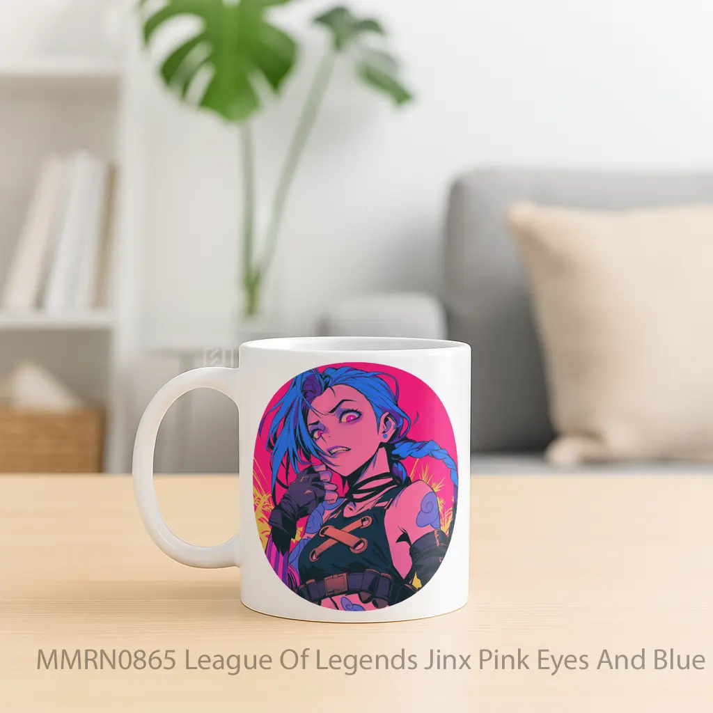 League Of Legends Jinx Pink Eyes And Blue Hair Gelas Keramik Mug - Sudut 2