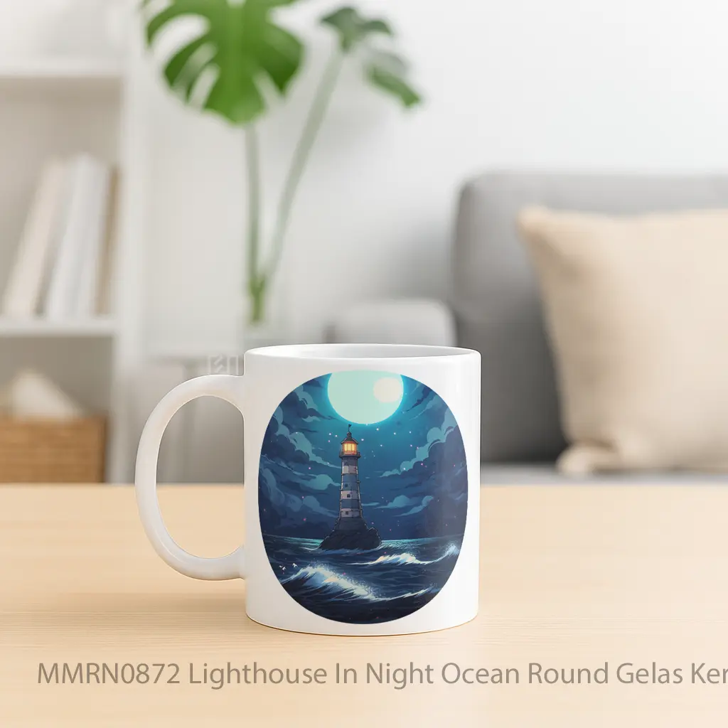 Lighthouse In Night Ocean Round Gelas Keramik Mug - Sudut 2