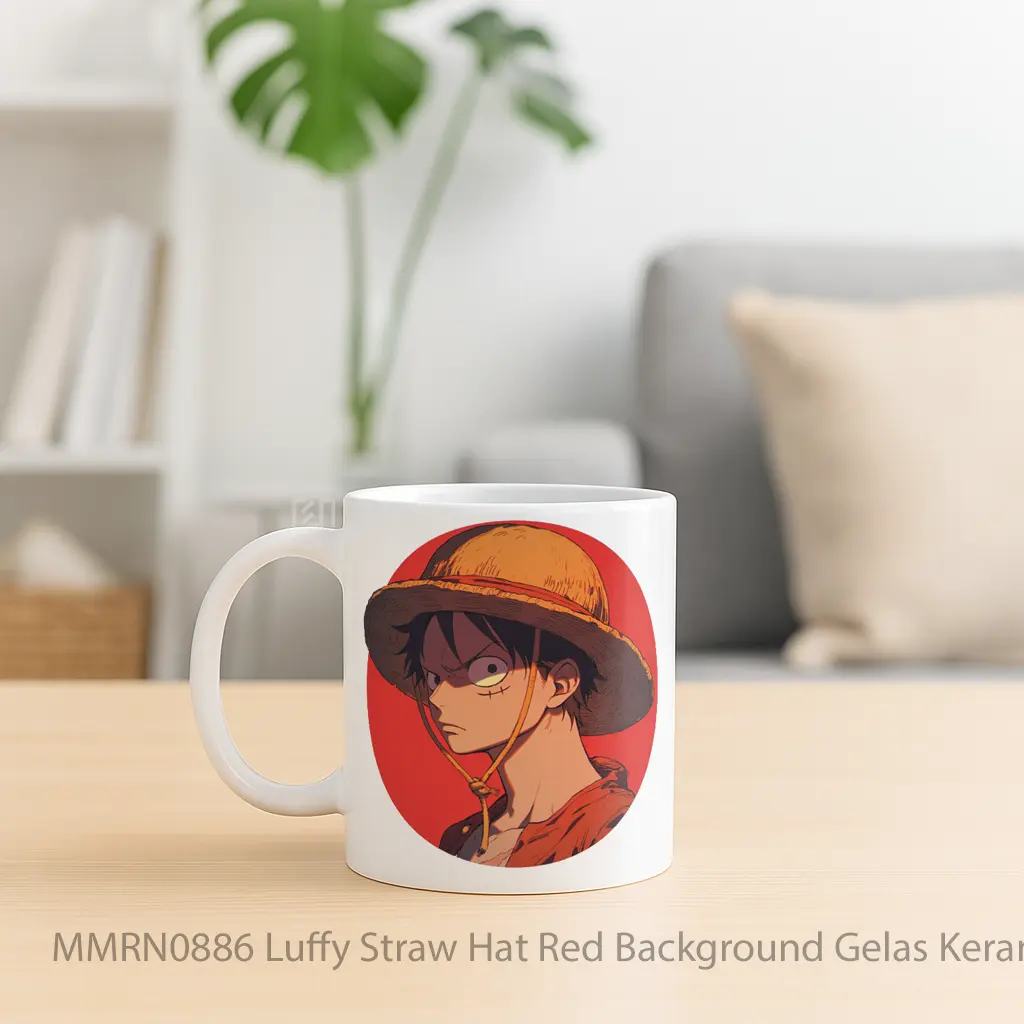Luffy Straw Hat Red Background Gelas Keramik Mug - Sudut 2