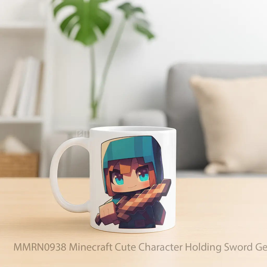 Minecraft Cute Character Holding Sword Gelas Keramik Mug - Sudut 2