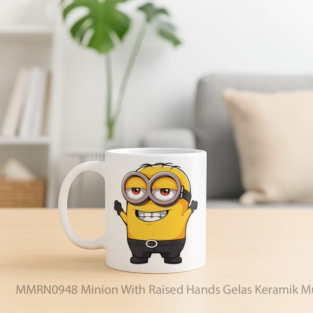 Minion With Raised Hands Gelas Keramik Mug - Sudut 2