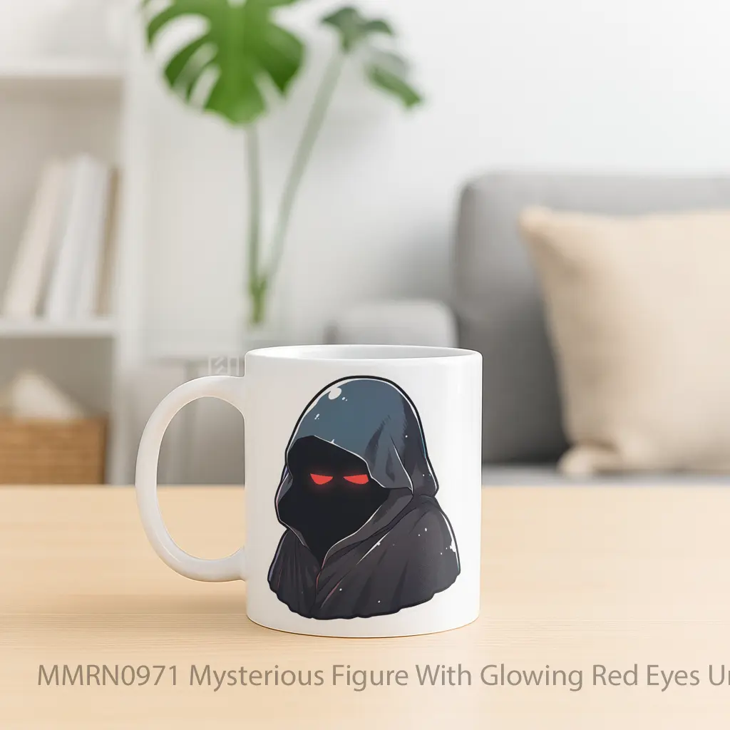 Mysterious Figure With Glowing Red Eyes Under Hooded Cloak Gelas Keramik Mug - Sudut 2