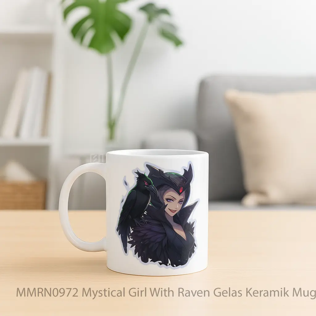 Mystical Girl With Raven Gelas Keramik Mug - Sudut 2