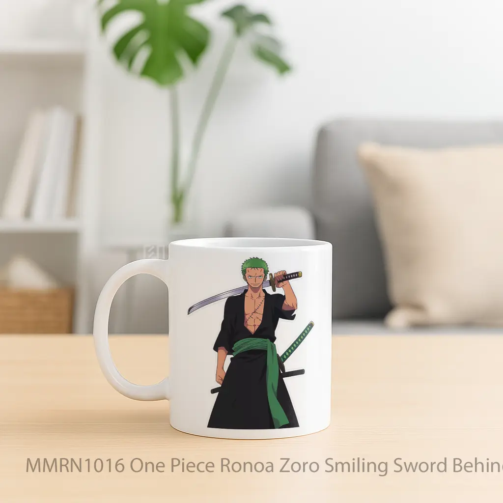 One Piece Ronoa Zoro Smiling Sword Behind Head Gelas Keramik Mug - Sudut 2