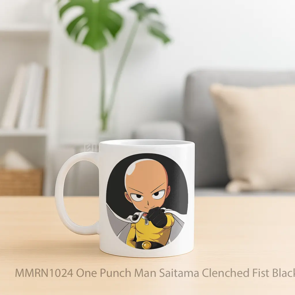 One Punch Man Saitama Clenched Fist Black Round Gelas Keramik Mug - Sudut 2