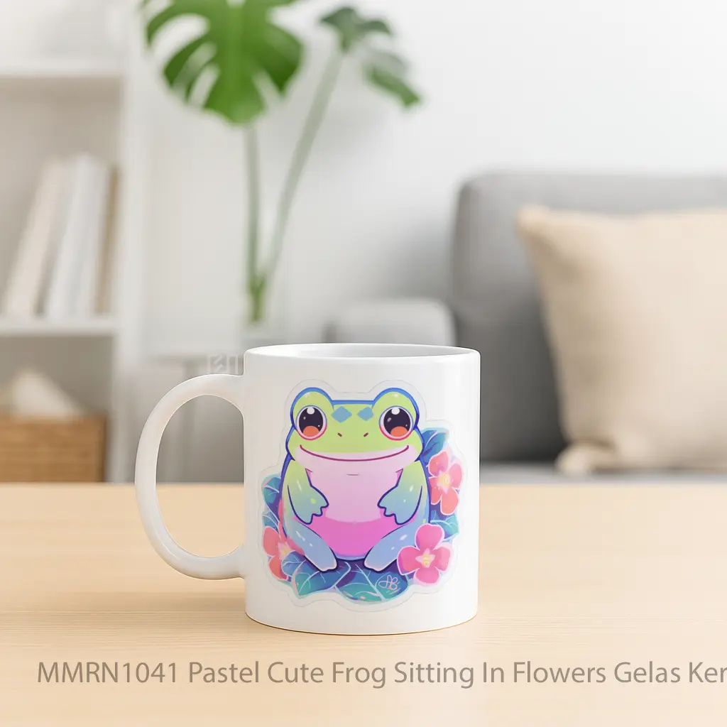 Pastel Cute Frog Sitting In Flowers Gelas Keramik Mug - Sudut 2