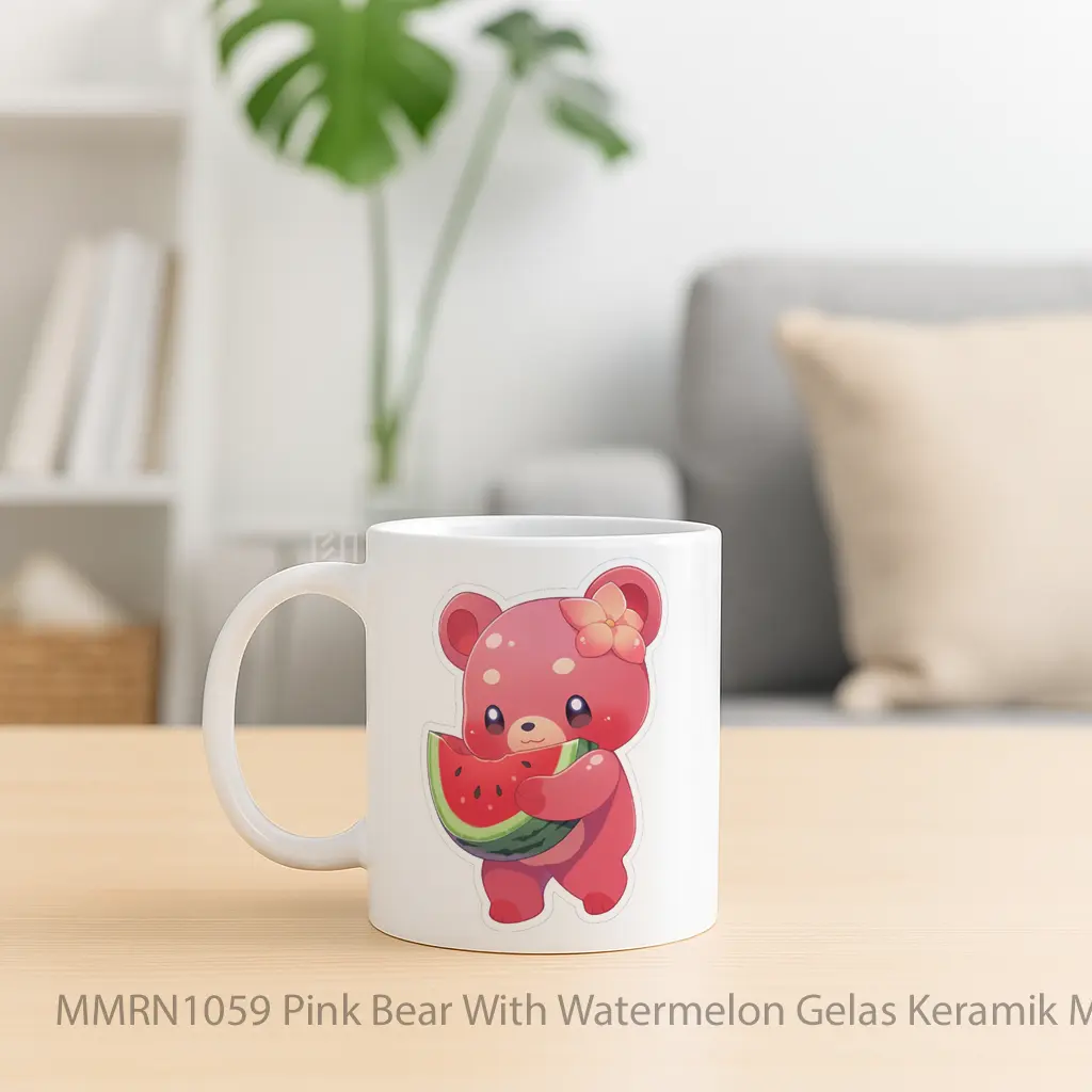 Pink Bear With Watermelon Gelas Keramik Mug - Sudut 2