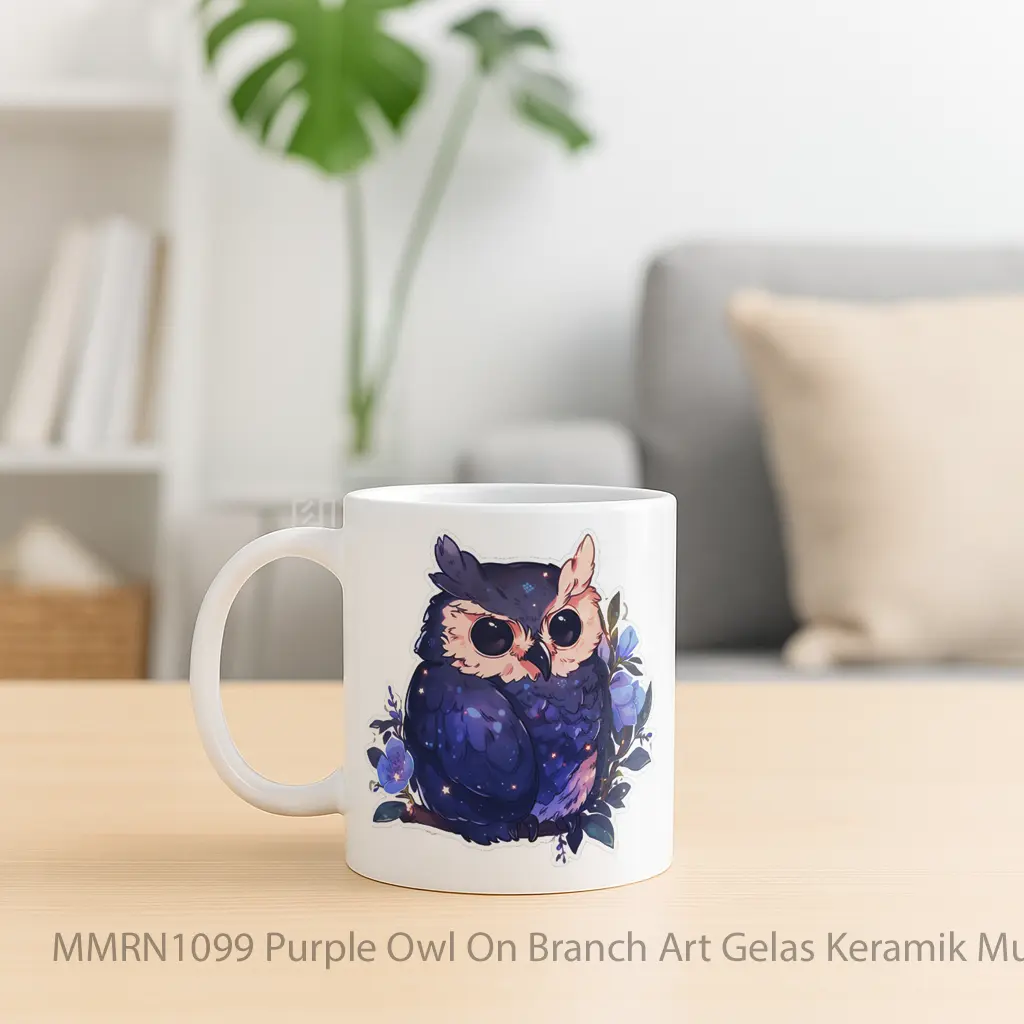 Purple Owl On Branch Art Gelas Keramik Mug - Sudut 2