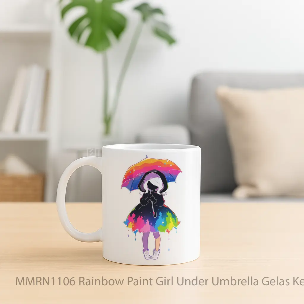 Rainbow Paint Girl Under Umbrella Gelas Keramik Mug - Sudut 2