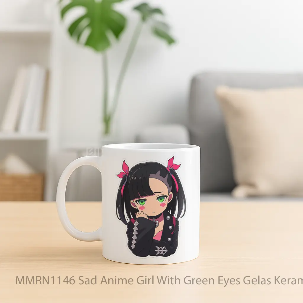 Sad Anime Girl With Green Eyes Gelas Keramik Mug - Sudut 2