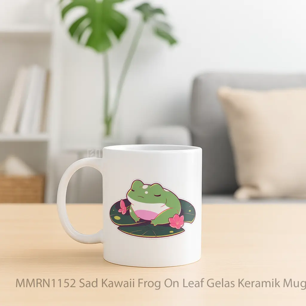 Sad Kawaii Frog On Leaf Gelas Keramik Mug - Sudut 2