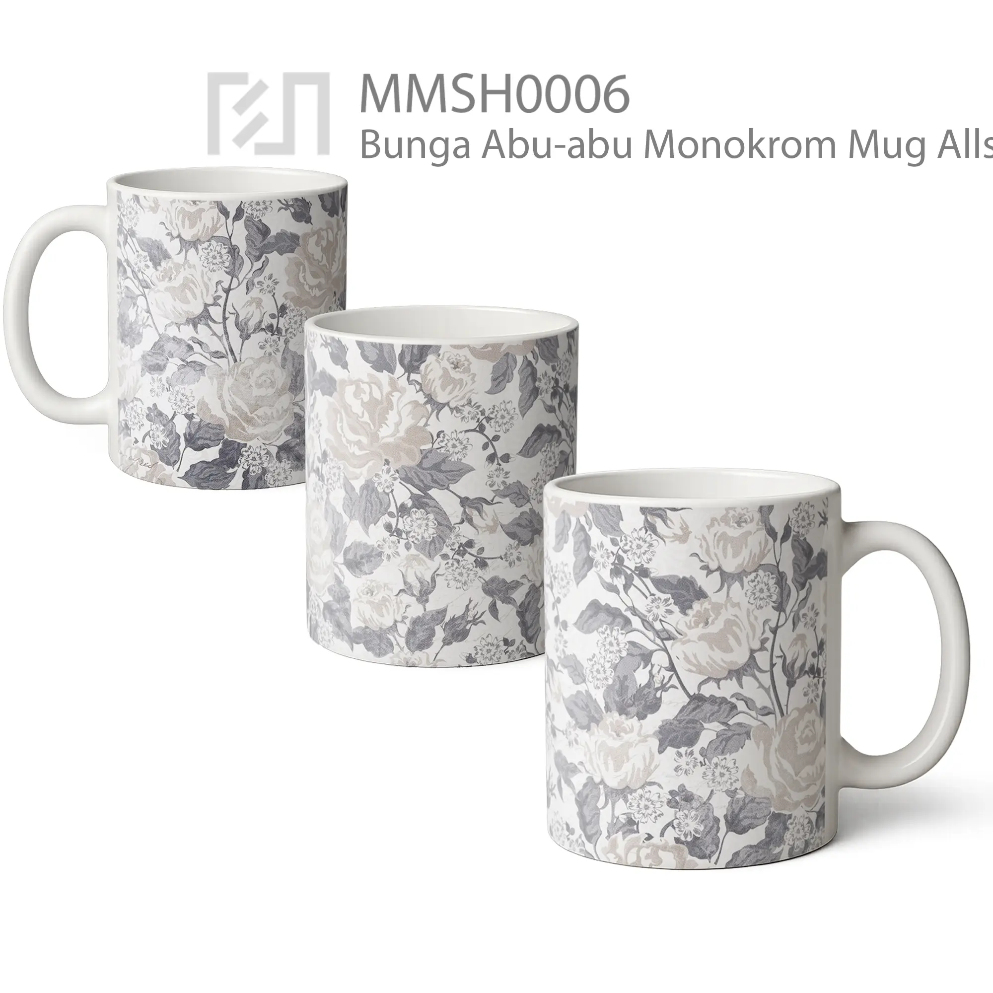 MMSH0006 Bunga Abu-abu Monokrom Mug - All-side / Desain