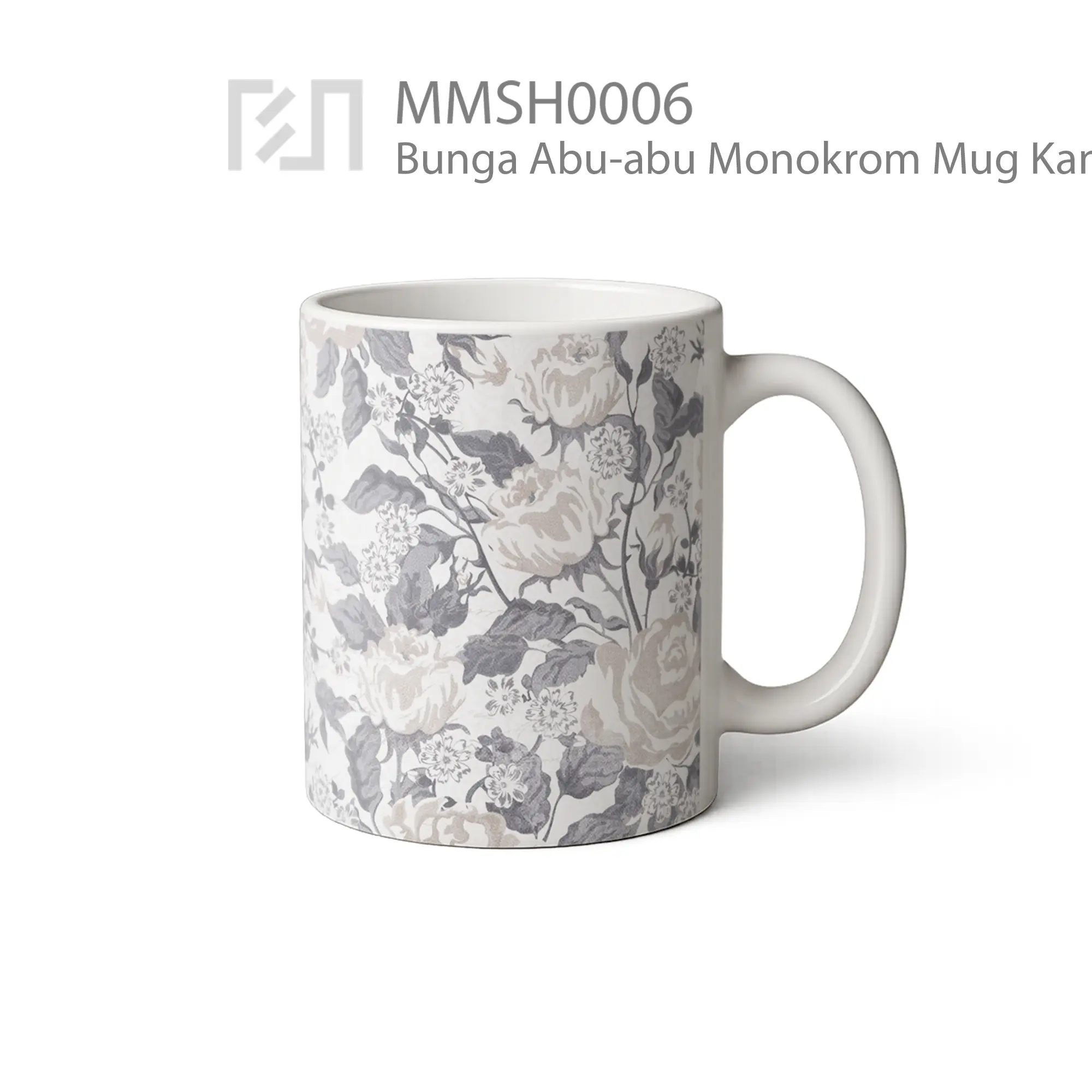 MMSH0006 Bunga Abu-abu Monokrom Mug - Tampak Kanan