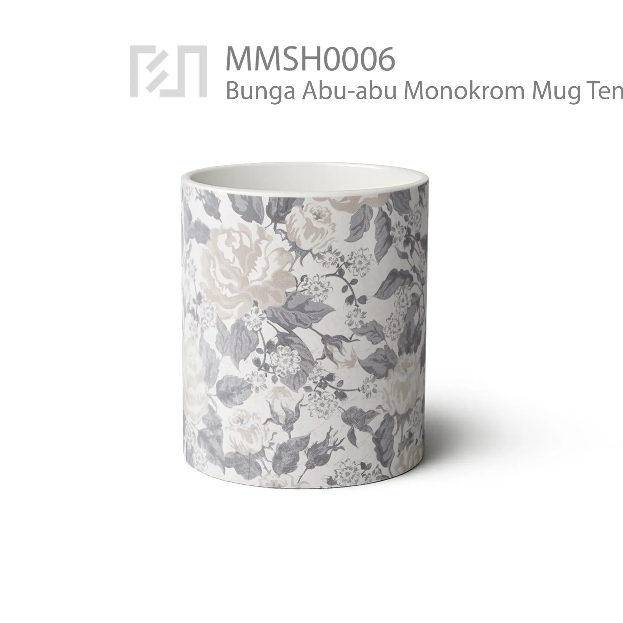 MMSH0006 Bunga Abu-abu Monokrom Mug - Tampak Tengah