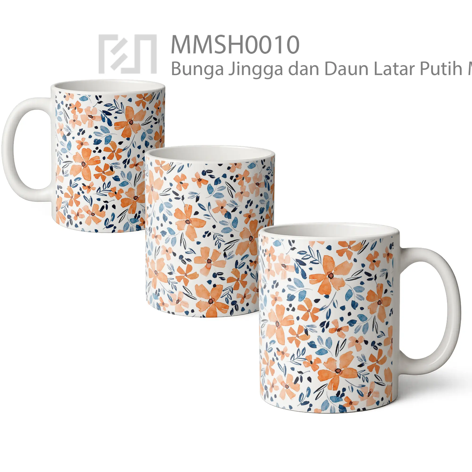 MMSH0010 Bunga Jingga dan Daun Latar Putih Mug - All-side / Desain