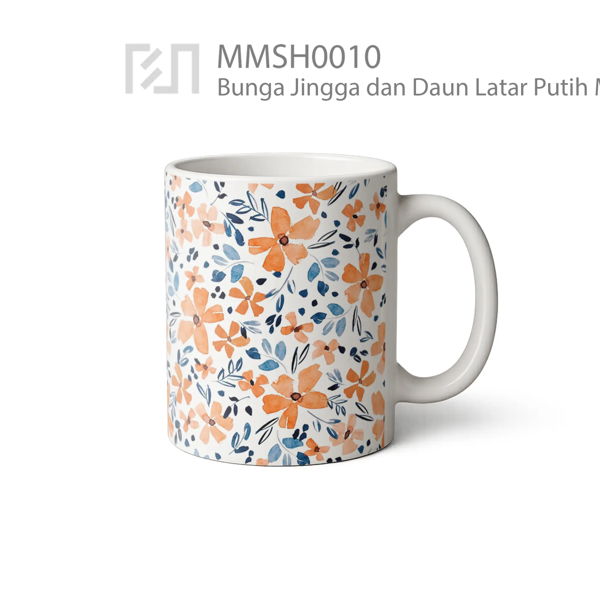 MMSH0010 Bunga Jingga dan Daun Latar Putih Mug - Tampak Kanan